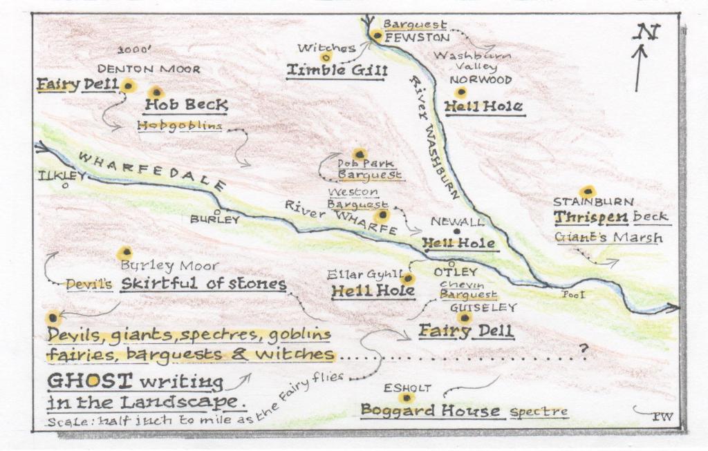 Hand drawn map of local devil, giant, spectre, goblin, fairy, barguest and witch names in the landscape. Fairy dell is shown on Denton Moor, Hob Beck (for the hobgoblins) is alongside, there is the Devil's Skirtful on Burley Moor, witches at Timble Gill, a barguest at Fewston, Hell Hole at Norwood, another barguest at Dob Park and still another barguest at Weston, Hell Hole at Newall, Hell Hole at Ellar Ghyll, Fairy Dell at Guiseley, Boggard House at Esholt, the giant Thrispen at Thrispen Beck in Stainburn and finally the Chevin Barguest at Otley.