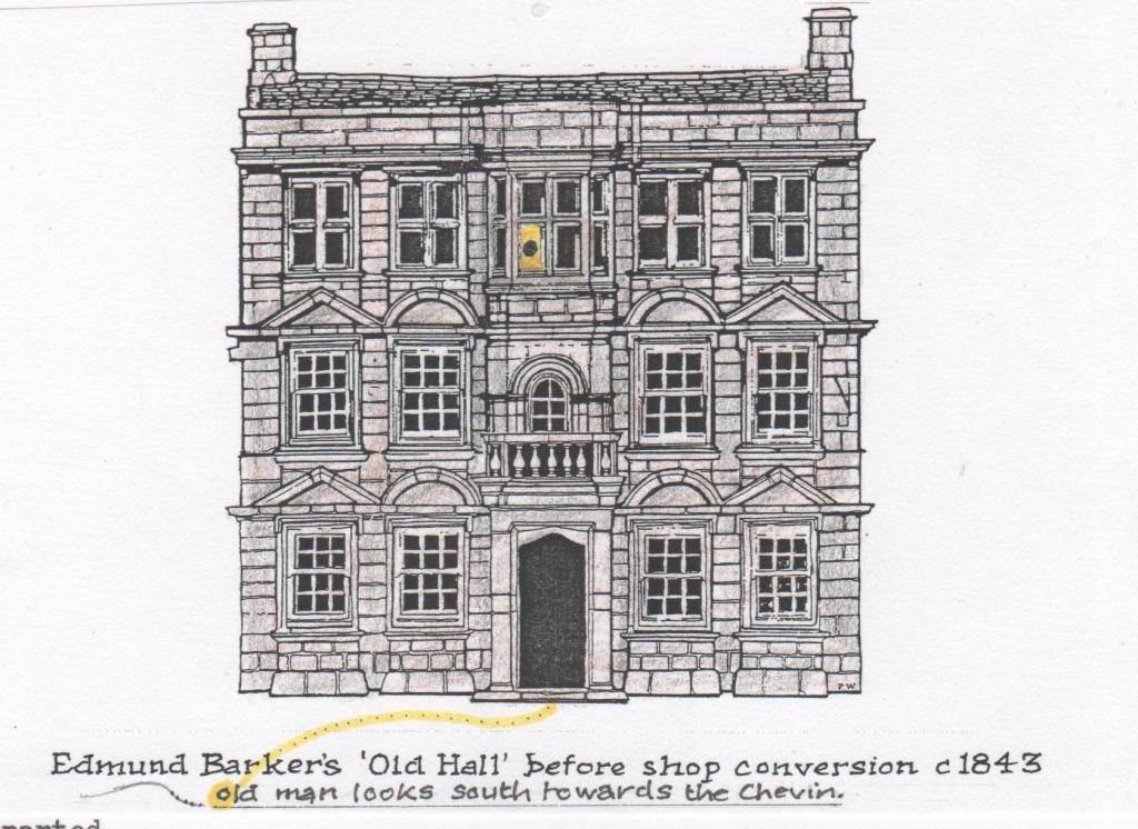 Drawing of the Old Hall on Kirkgate in Otley by Paul Wood, June 2024. It shows the facade of Edmund Barker's building prior to the conversion of the lower parts to shops. A spectral 'old man' looks out of one of the upper windows towards the Chevin.